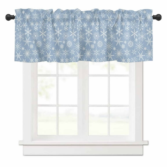 Blue Winter Valances for Windows Snowflake Christmas Falling Snow Rod Pocket Curtain Valance Window Treatment Short Curtains for Kitchen Living Room, 54"x18"