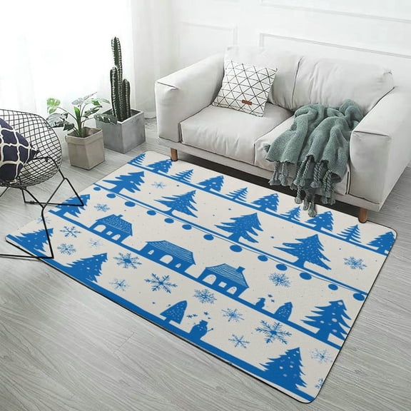 Blue Winter Village Pattern Carpet Rug for Home Living Room Bedroom Sofa Doormat Decor Area Rug Non-slip Mat