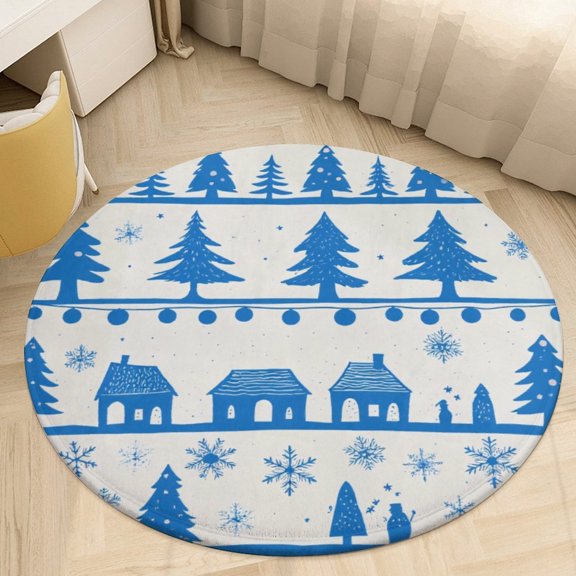 Blue Winter Village Pattern Round Area Rugs for Bedroom Living Room, 4FT Soft Comfy Indoor Circle Carpets, Floor Mat
