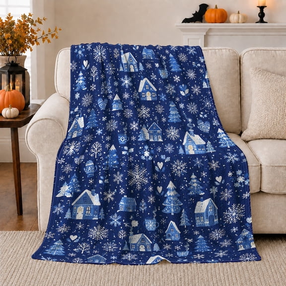 Blue Winter Village with Snowflakes and Houses, Cheerful Holiday Style for Winter Lovers, Cozy Cabin Snow Scene and Christmas Gift, Cozy Flannel Blanket for Family Room and Bedroom, Home Decor