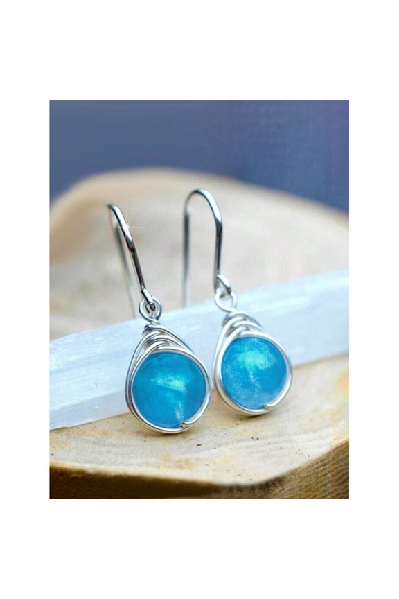 Blue Wire Wrap Teardrop Dangle Earrings In Silvertone Metal For Women