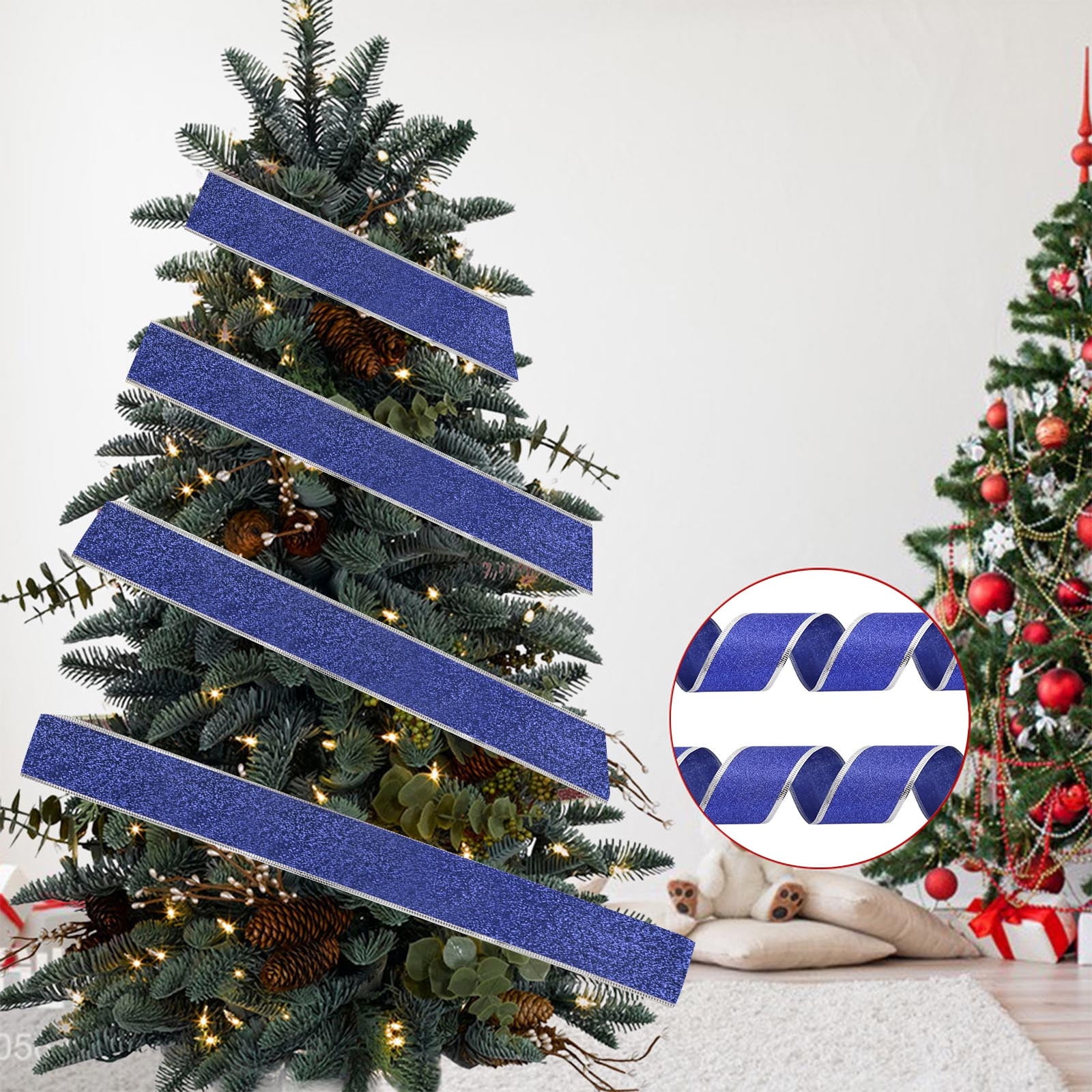 Blue Wired Christmas Ribbon – Blue Vermicelli Satin Ribbon with ...