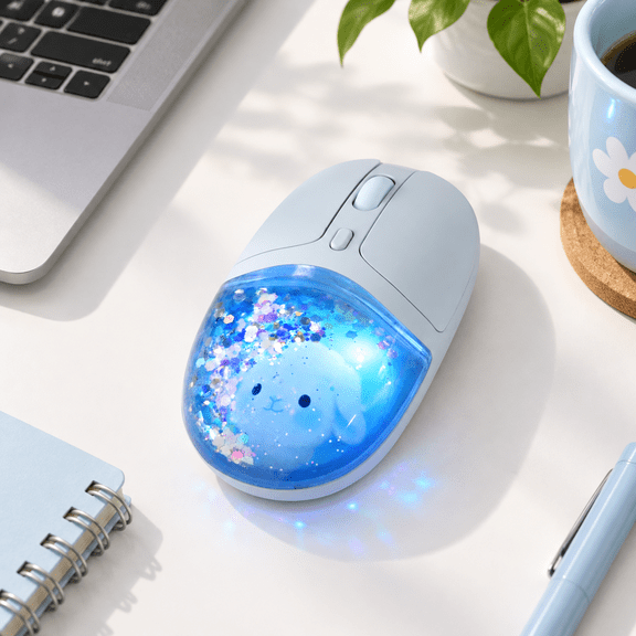 Blue Wireless Mouse Glitter Liquid Sand Optical Silent Click LED Light For Home Office