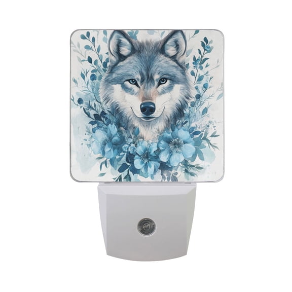 Blue Wolf Face Flowers Watercolor LED Night Light with Smart Sensor Plug Into Wall Dusk to Dawn 2 packs