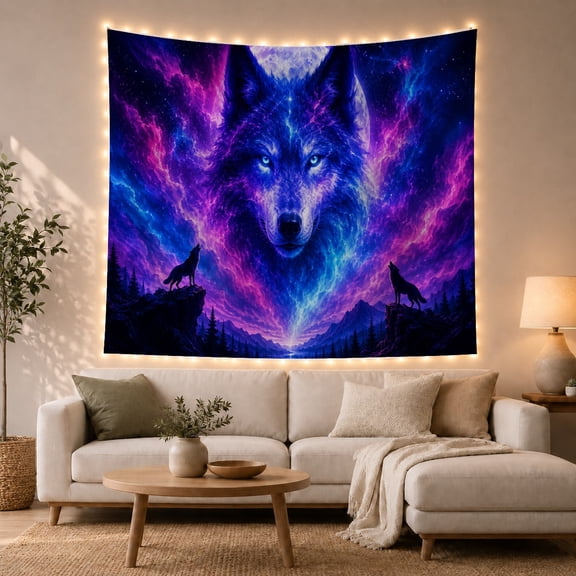 Blue Wolf Face Under a Full Moon with Nebula Clouds, Mystical Fantasy for Nature Lovers, Cosmic Wilderness Art, Housewarming Gift Tapestry Wall Hanging for Bedroom and Living Room