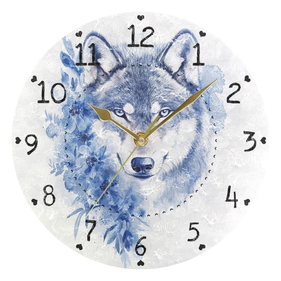 Blue Wolf Flowers Watercolor Round Wall Clock Silent Analog Battery Operated Gold Pointer Home Decor 9.84" Diameter