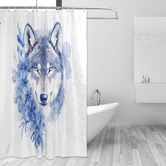 Blue Wolf Flowers Watercolor Shower Curtains with 12 Hooks Waterproof Bathroom Decor 66" x 72"