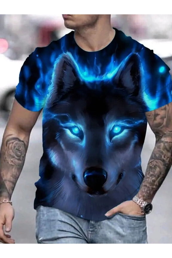 Blue Wolf Graphic Print Fashion Novelty Stylish Casual Streetwear Tee