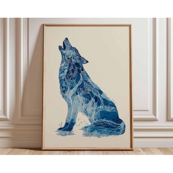 Blue Wolf Howling Wolf Abstract Animal Wall Art Print, Unframed Paper Poster 8x10in