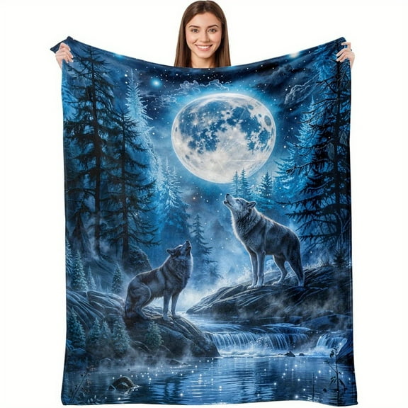 Blue Wolf & Moon Flannel Throw Blanket – Plush Soft and Cozy with Howling Wolves Full Moon and Starry Night Design for Bed Sofa or Couch All-Season Use Machine Washable Blanket for Bed