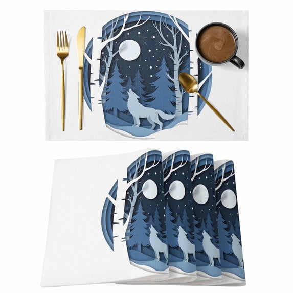 Blue Wolf Placemats Set of 8 Christmas Tree Forest Scissors Moon Night Place Mats Indoor Wipeable Table Mats Washable Cloth Dining Table Placemats for Kitchen Holiday Party Home Decor 13x19 Inch