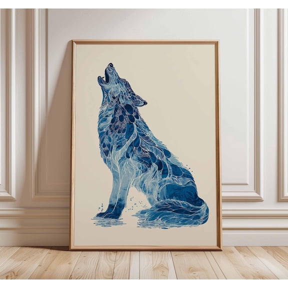 Blue Wolf Poster Howling Wolf Wall Art Abstract Animal Modern Nature, Unframed Poster