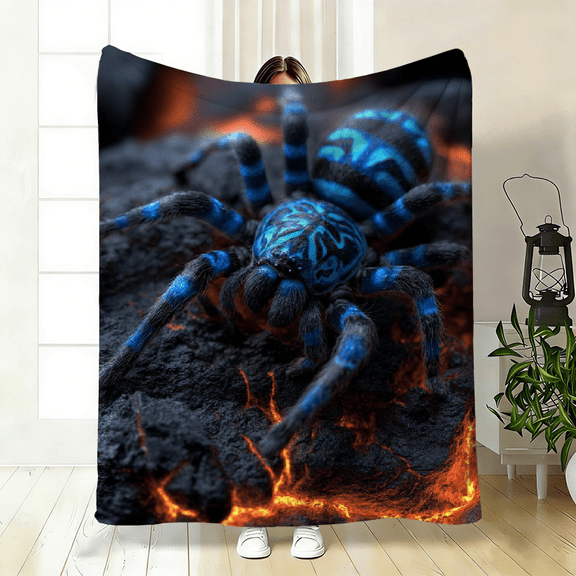 Blue Wolf Spider Fleece Blanket, Soft Fluffy Throw for Bed Sofa, Perfect Fun Home Decor, Great All Season Gift
