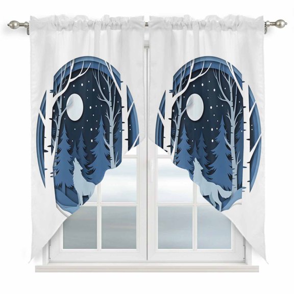 Blue Wolf Swag Curtains for Living Room/Bedroom, Christmas Tree Forest Scissors Moon Night Swag Kitchen Curtain Valances for Windows, Tier Topper Scalloped Curtain 2 Panels, 72"W x 45"L