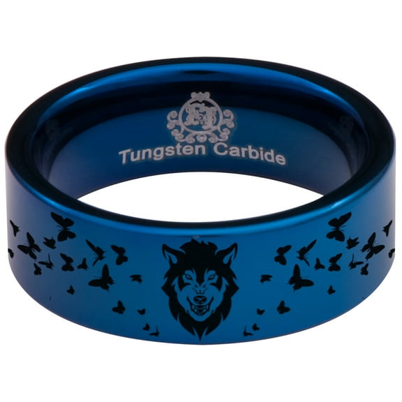 Blue Wolf and Butterfly Tungsten Carbide Ring