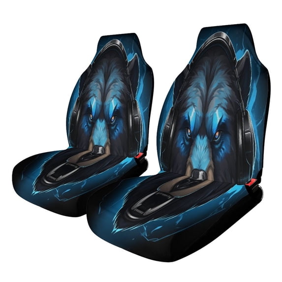 Blue Wolf with Headphones Car Seat Covers Front Seats Universal Fit for Cars SUV Truck Auto Interior Accessories