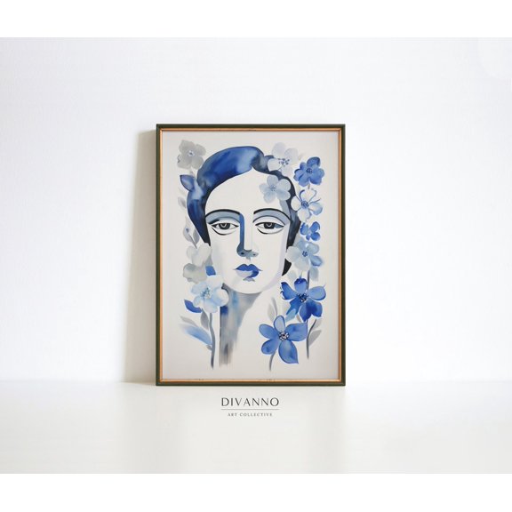 Blue Woman Modern Floral Portrait Unframed Paper Print