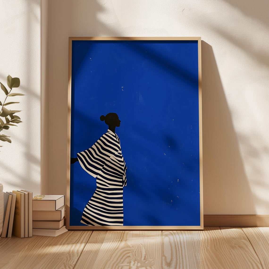 Blue Woman Silhouette Wall Art Print, Black White Stripe Pattern ...