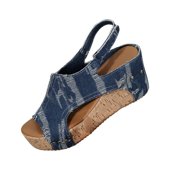 Blue Women Denim Sandals Wedge Heel Design For Beach Outdoor Activities Casual Comfortable