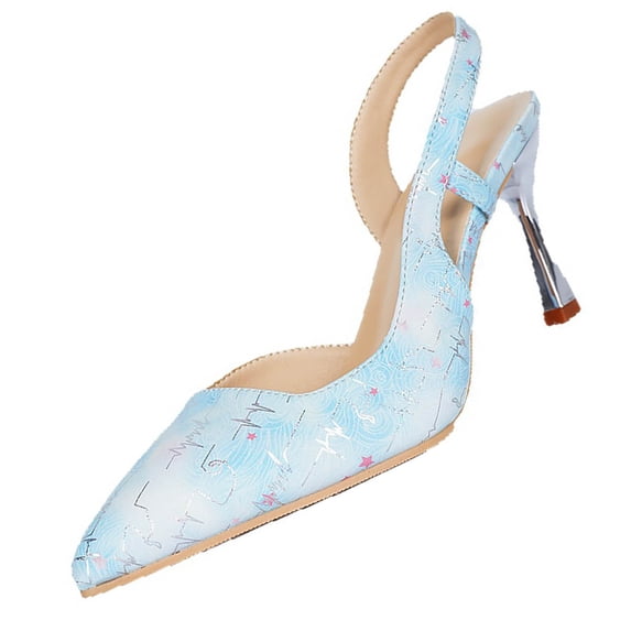 Blue Women Embroidered Floral Heels Blue Pointed Toe Slingback Block Heel Mesh Pumps