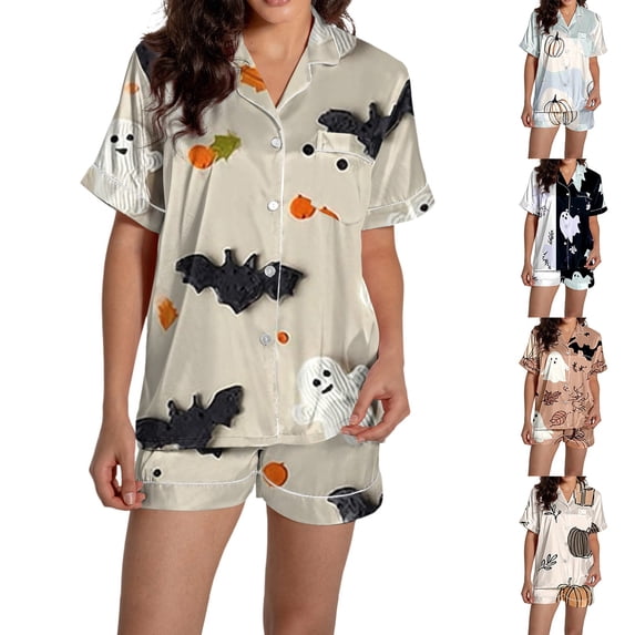 Blue Women Halloween Pajamas Silk Imitation Cute Plus Size Loungewear for Lady With Pockets Holiday Pjs S
