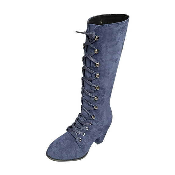 Blue Women High Heel Mid Calf Boots Strappy Design Thick Heel Fall Winter Trendy Boots Comfortable Chic Footwear