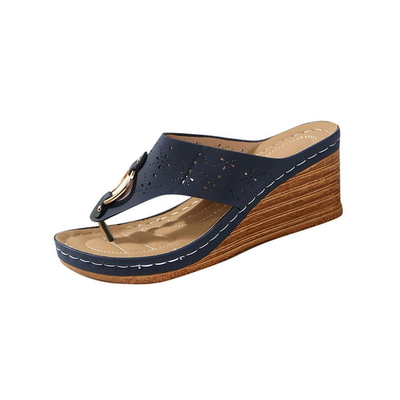 Blue Women Hollow Metal Buckle Open Toe Slippers For Outdoor Wear Thick Bottom Wedge Heel Pu Material