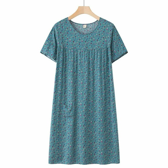 Blue Women Nightgowns & Sleepshirts Summer Cotton Silk Short Sleeved Sleep Dress for Middle Aged Women New Loose Fitting Home Wear Elderly Sleepwear Plus Size Dress