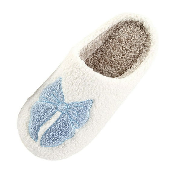 Blue Women'S Cozy Home Slippers Featuring A Elegant Bow, Plush Interior For Cold Weather, Durable Thick Sole For Support