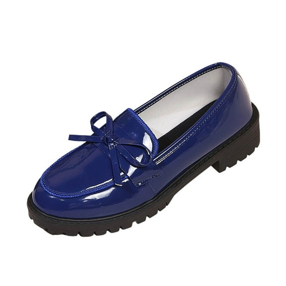 Blue Women'S Everyday Shiny Leather Shoes With Round Toe And Bow Decoration For Leisure Time