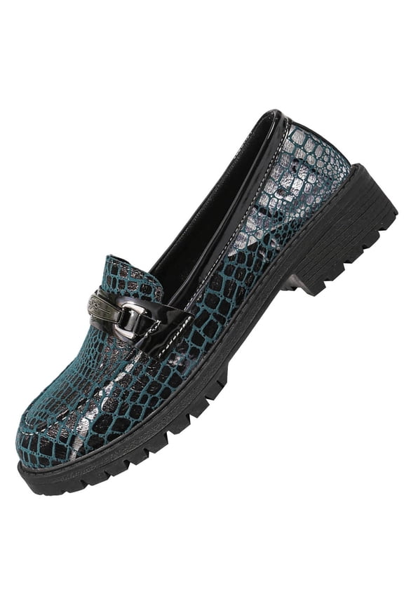 Blue Women'S Loafers British Style Snakeskin Pattern Block Heel Thick Sole Metal Buckle Slip On Casual Breathable Comfortable Low Heel Footwear Size 41
