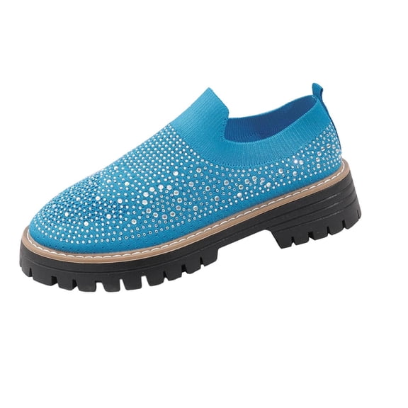 Blue Women'S Mid Heel Shoes With Round Toe Breathable Mesh And Rhinestone Casual Comfort