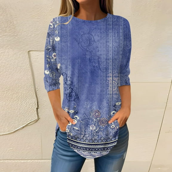 Blue Women'S Plus Size Shirts, Polyester Womens Plus Size Tshirts, 3/4 Sleeve Plus Tshirts for Women Plus Size, Plus Size Spring Blouses, Floral Weekend Printed Women'S Blouses