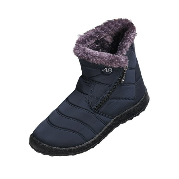 Blue Women'S Round Toe Ankle Boots With Side Zipper Flat Sole Plush Lining Warm Winter Casual Shoes Comfortable For Daily Wear