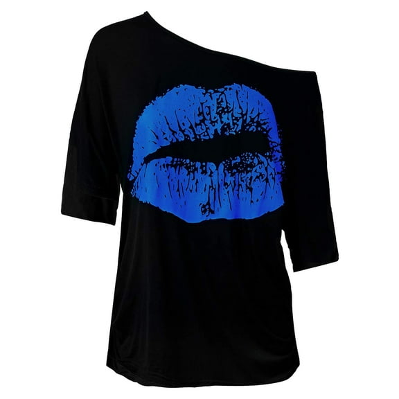 Blue Women'S Tops, Elbow-Length Plus Size Blouses for Women, Carnival Polyester Plus Size Fashion, Women's Casual Off Shoulder Nostalgic Big Lip Print 80s Clothing Medium Sleeved T Shirt Top