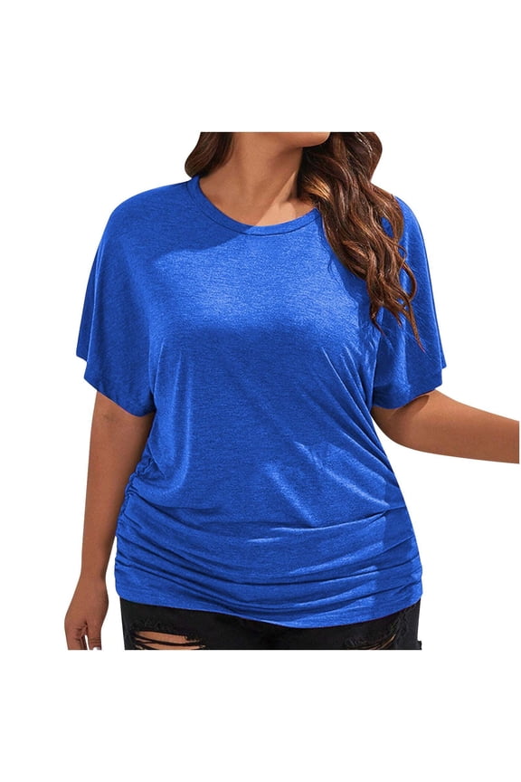 Blue Women Shirts, Boat Neck Top For Women Short Sleeve Solid Color With Side Shirring Detail,Women Shirts XL
