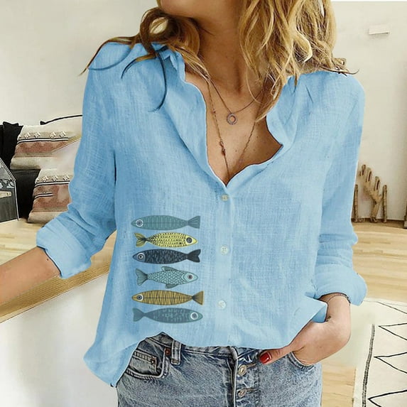 Blue Women Shirts, Fashion Women'S Loose Button Solid Lapel Long Sleeves T Shirt Blouse Tops,Women Shirts XL