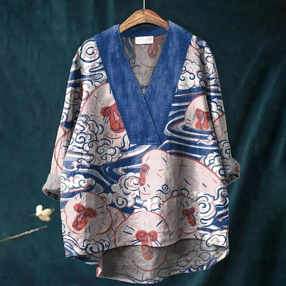 Blue Women Shirts, Japanese Traditional Geometric Pattern Printed Women'S Casual Cotton And Linen V Neck Shirt,Women Shirts XXL