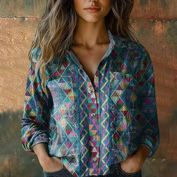 Blue Women Shirts, Women Cotton Shirt Printed Fashion Button Down Shirts Casual Tops Long Sleeve Blouse,Women Shirts 3XL