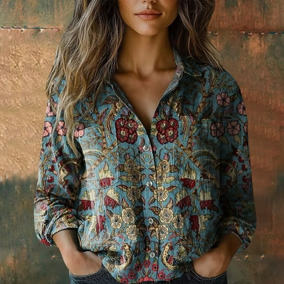 Blue Women Shirts, Women Cotton Shirt Printed Fashion Button Down Shirts Casual Tops Long Sleeve Blouse,Women Shirts XL