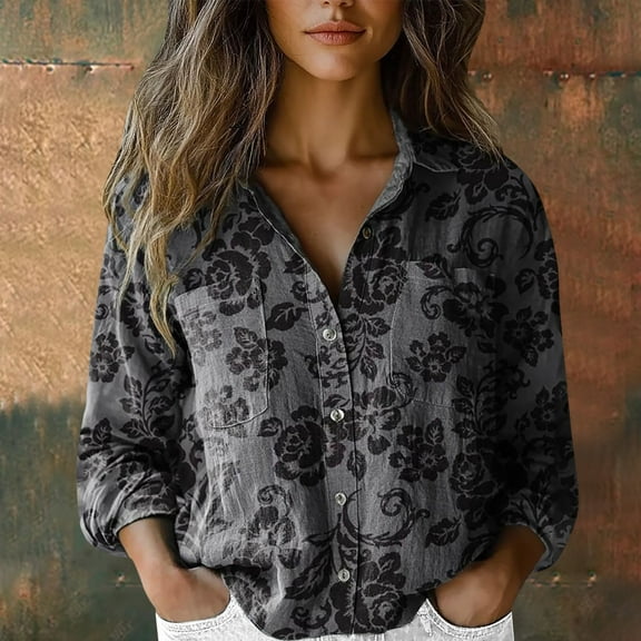 Blue Women Shirts, Women Cotton Shirt Printed Fashion Button Down Shirts Casual Tops Long Sleeve Blouse,Women Shirts XXL