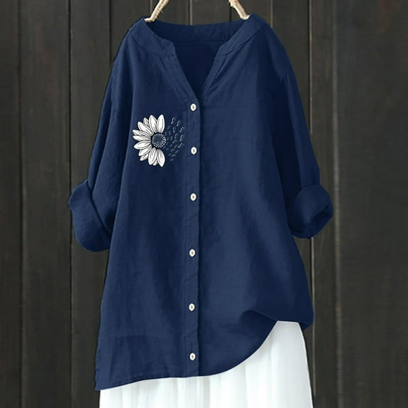 Blue Women Shirts, Women'S Cotton Linen Top Long Sleeve Printed Shirt,Women Shirts M