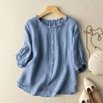 thumbnail image 1 of Blue Women Shirts, Women'S Loose Linen Short Sleeve Shirt Retro Style Round Neck Slimming Plus Size,Women Shirts M, 1 of 4