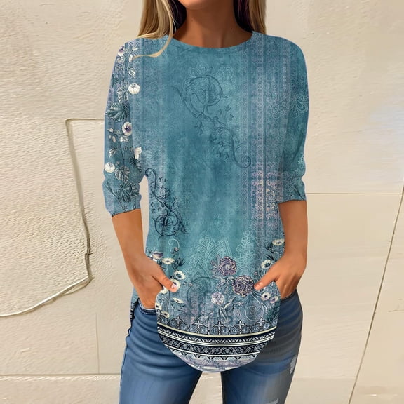 Blue Women Shirts, Women'S Printed Fashionable Casual Round Neck And Three Quarter Sleeve Top,Women Shirts M