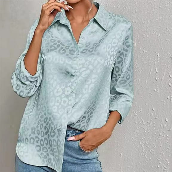 Blue Women Shirts, Women'S Satin Button Down Shirts Roll Up Long Sleeve Lapel V Neck Printed Casual Work Blouses Tops,Women Shirts S