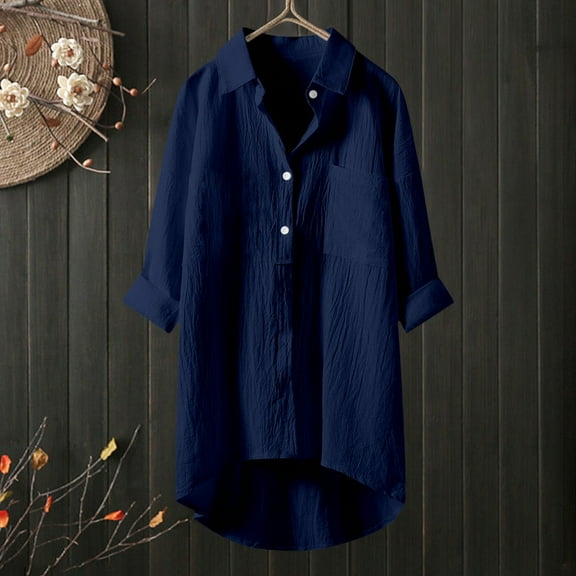 Blue Women Shirts, Womens Daily Casual Button V Neck Shirts Long Sleeve Tops Collared Blouses Loose Fit Shirt,Women Shirts S