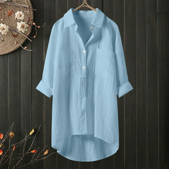 Blue Women Shirts, Womens Daily Casual Button V Neck Shirts Long Sleeve Tops Collared Blouses Loose Fit Shirt,Women Shirts XL