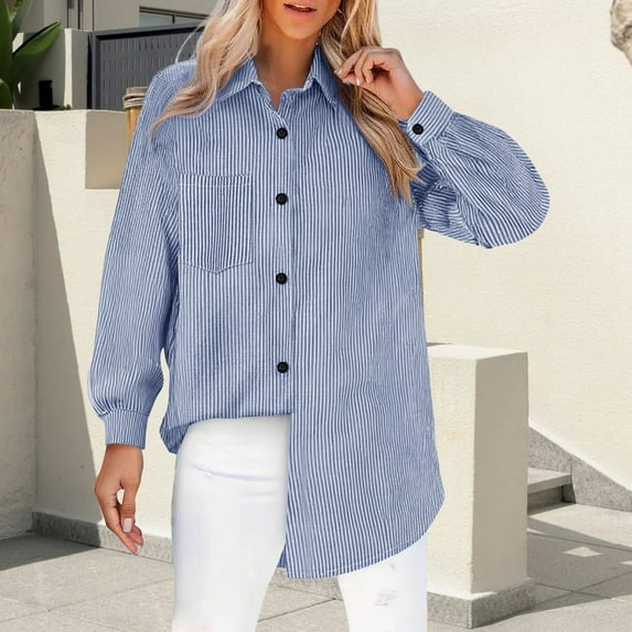 Blue Women Shirts, Womens Daily Casual V Neck Shirts Long Sleeve Collared Blouses Pocket Loose Fit Shirt,Women Shirts 3XL
