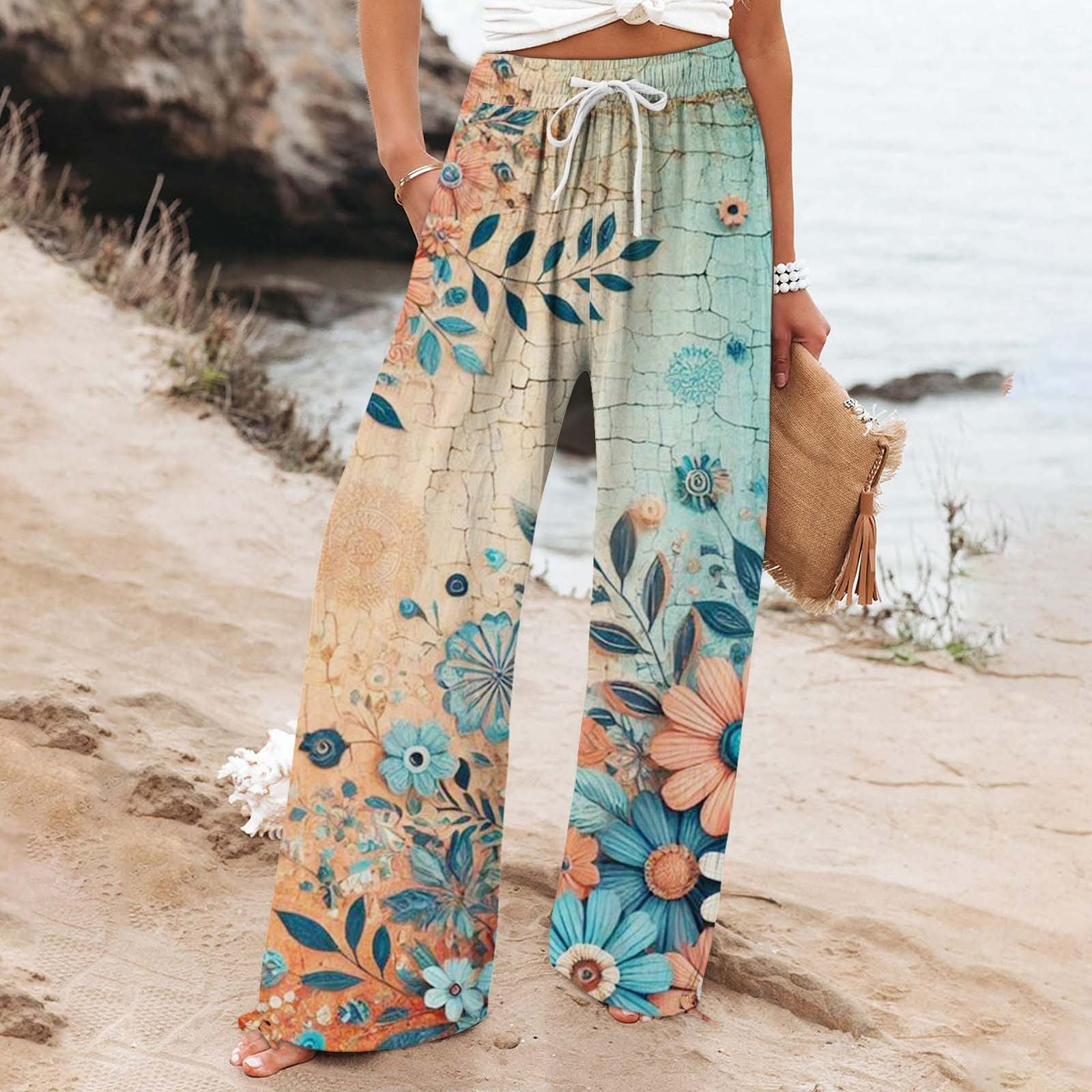 Blue Women's Casual Pants, Women'S Retro Printed Fashionable Drawstring ...