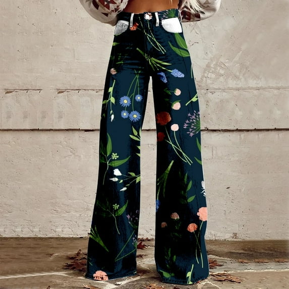 Blue Women's Casual Pants, Women'S Wide Leg Pant Vintage Floral Print High Waisted Straight Stretch Pants With Pockets,Women's Casual Pants S